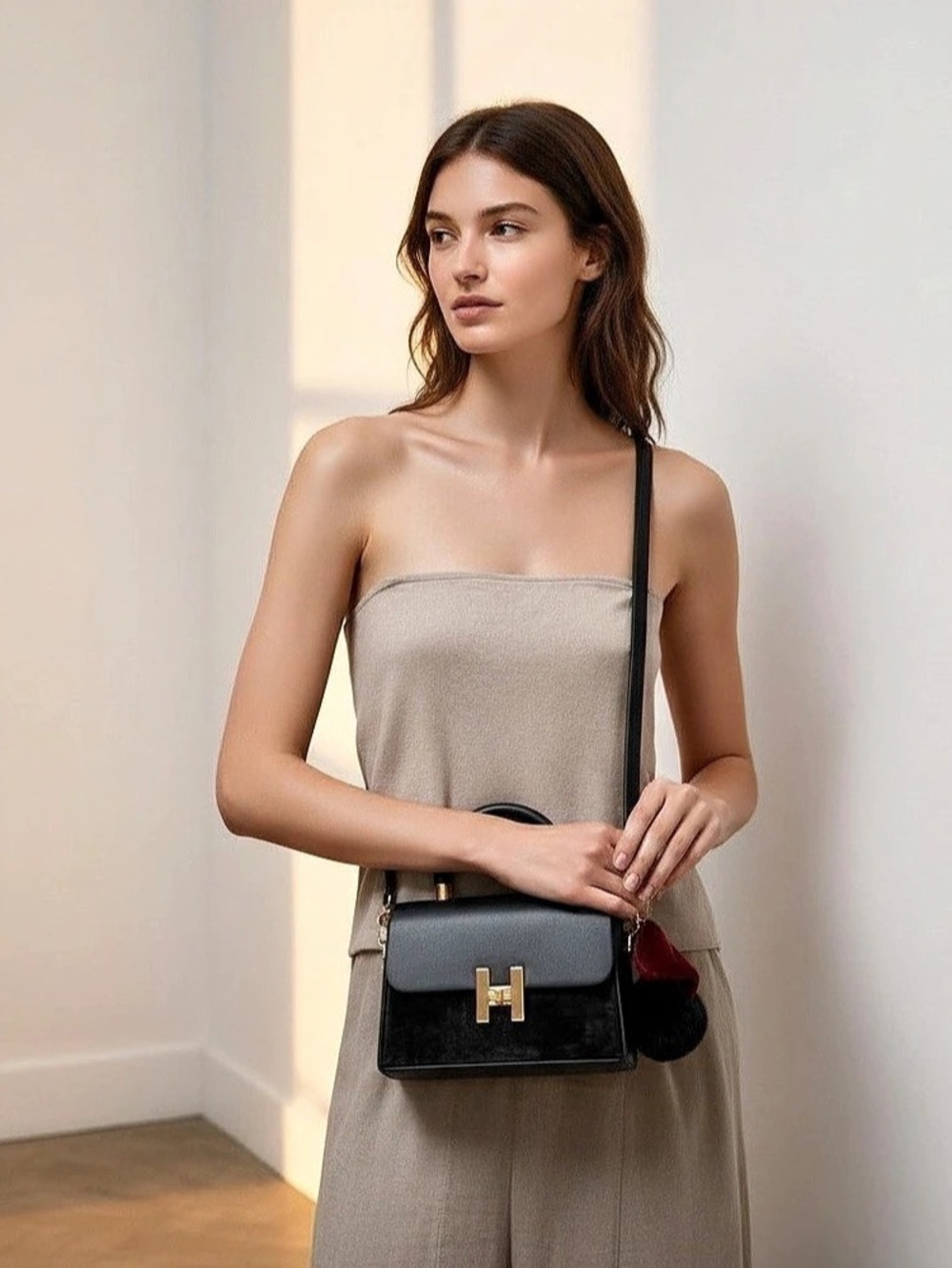 Black Luxe Top Handle Crossbody Bag with Red Velvet Bow & Pom Charm